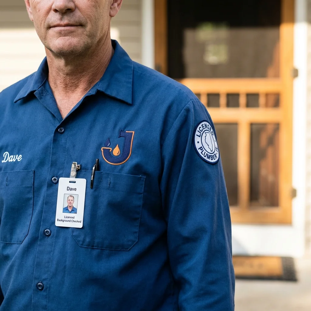 Licensed plumber showing ID badge in Bellville, TX