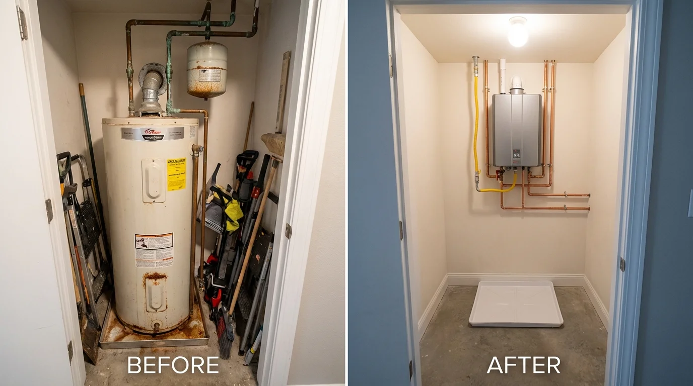 Tank water heater versus wall-mounted tankless unit comparison for Bellville, TX homeowners