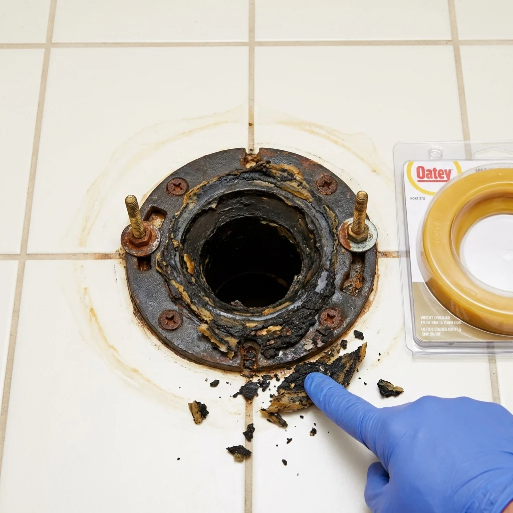 Failed wax ring showing water seepage at the base of a toilet in a Bellville, TX home